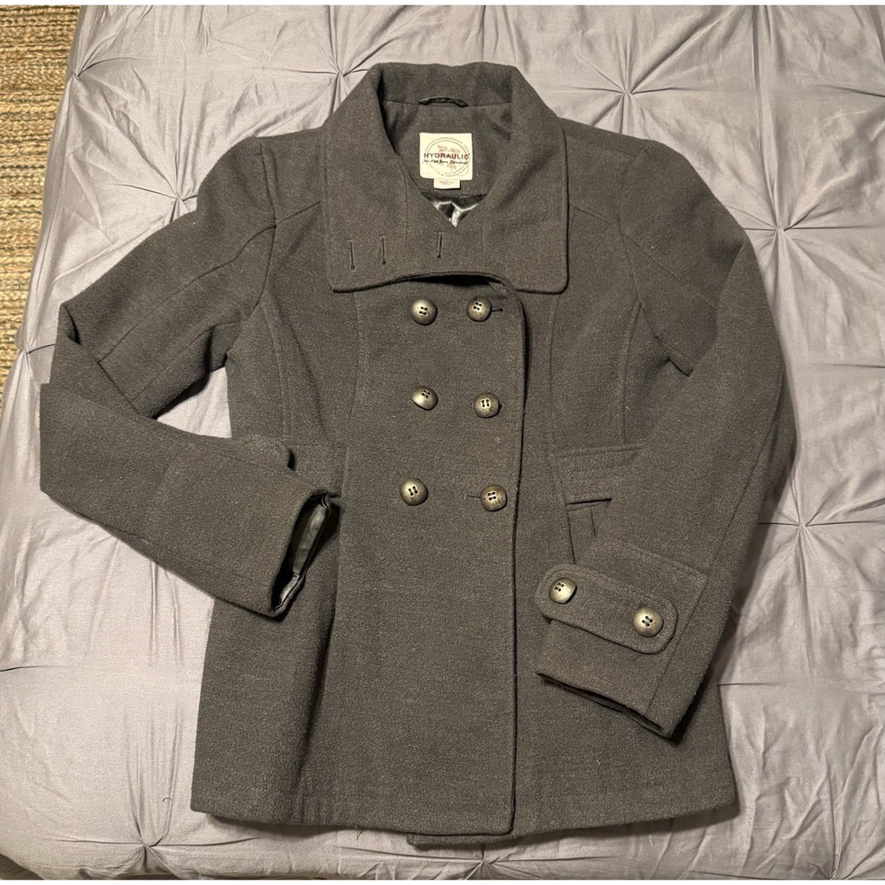 VTG Y2K Hydraulic Jeans Women's M Gray Double Breasted Pea Coat Belted Lined - Picture 3 of 12